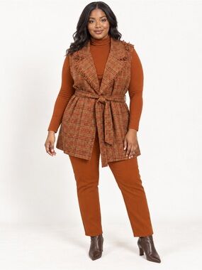 C. Est 1946 Plaid Fringe Belted Drape Vest Rust Brown Cotton 22/24W